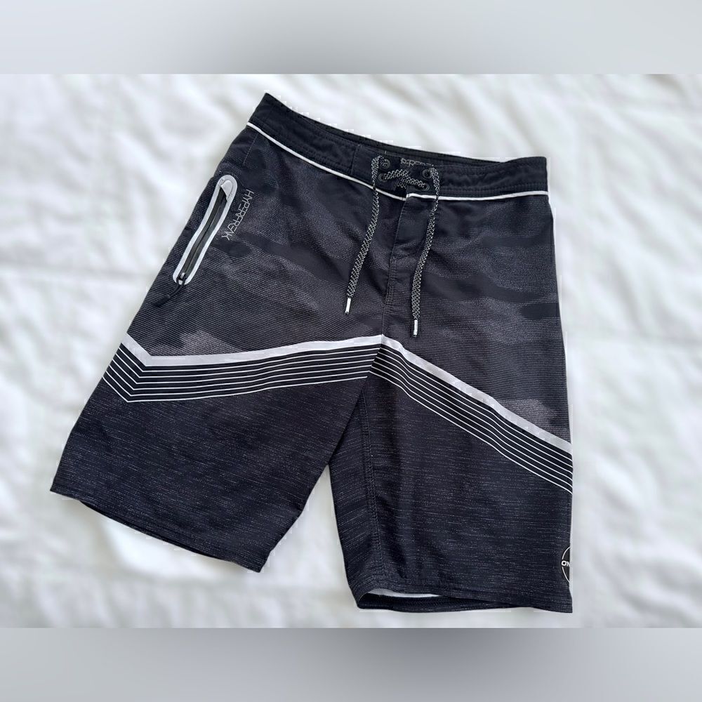 O’Neill Big Boys 26 Waist Striped Unlined Board Shorts Blue Blue Gray Black - Picture 2 of 12